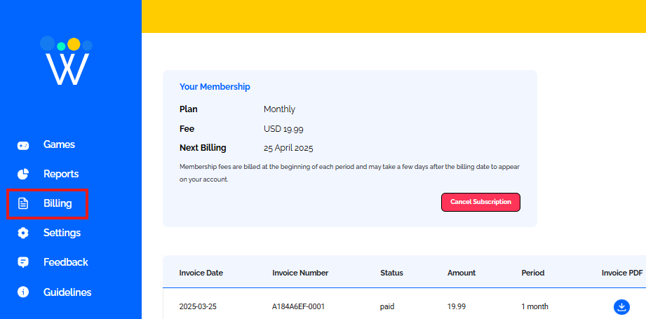 cancel subscription step 1